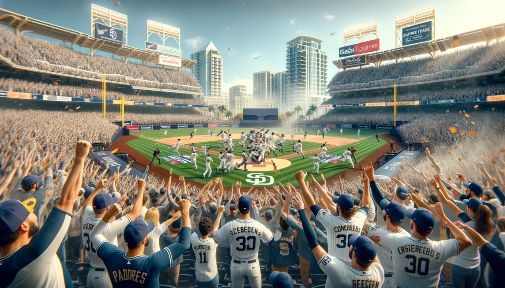 The San Diego Padres baseball team on the field, celebrating a victory on Opening Day. Players are high-fiving and hugging, while fans cheer from the stands, waving banners and wearing team colors.