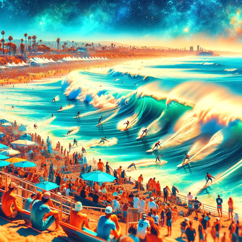 A lively scene of a surfing competition in San Diego with surfers riding large waves and spectators cheering from the beach.