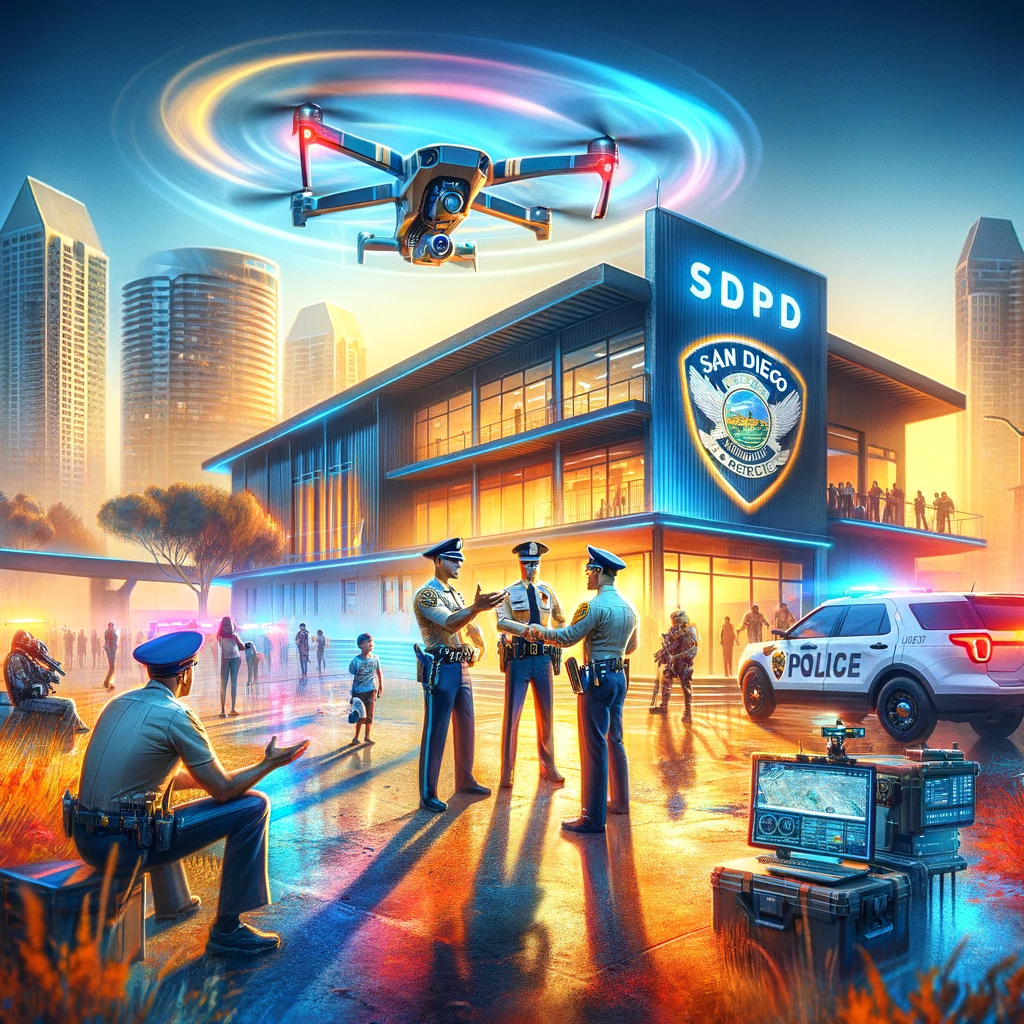 "San Diego Police engaging with community against the backdrop of the city skyline, showcasing innovative technology."