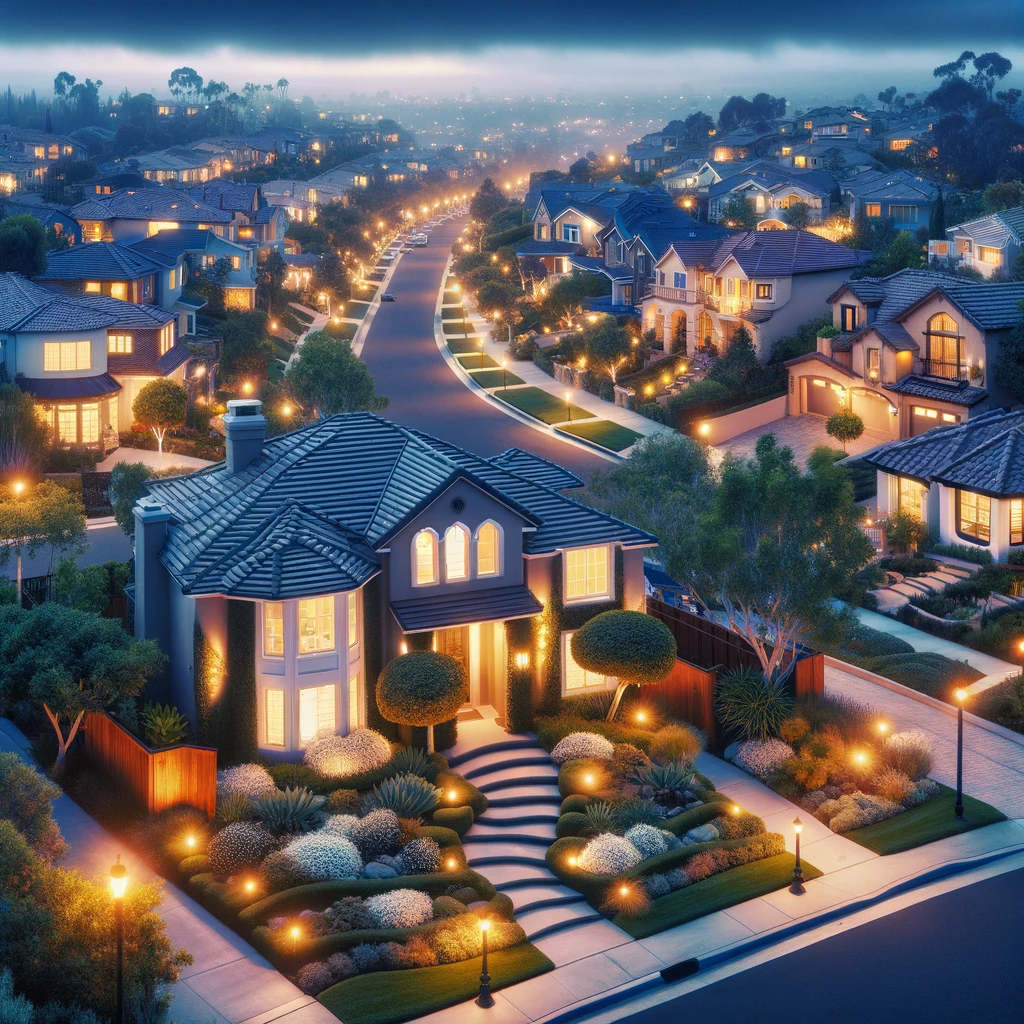 "Luxurious homes in a San Diego suburb at dusk, with visible security measures like surveillance cameras."