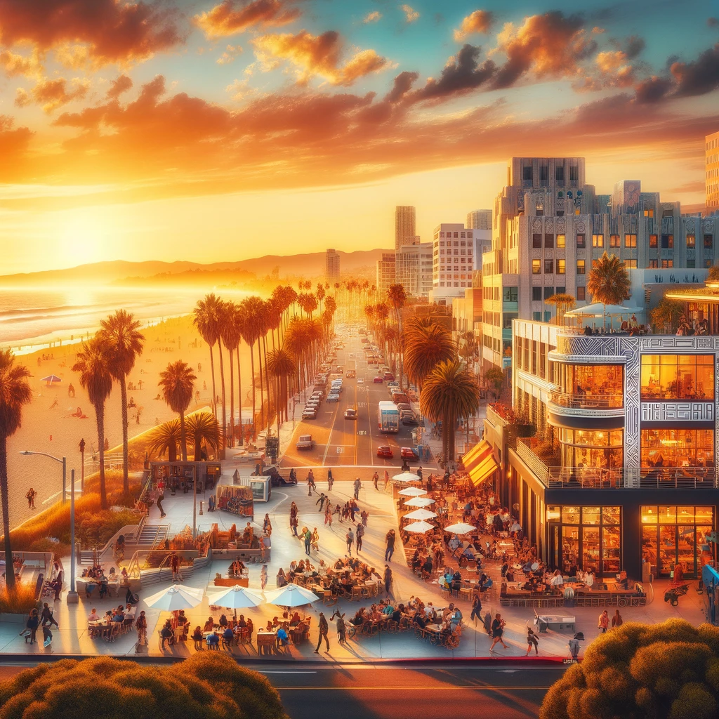 vibrant scene of a Southern California city at sunset, teeming with life and energy.