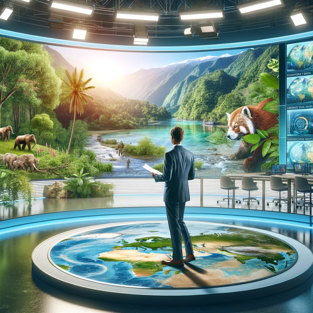captures the essence of environment and conservation news, blending a news studio with the natural world to highlight the importance of environmental awareness and action.