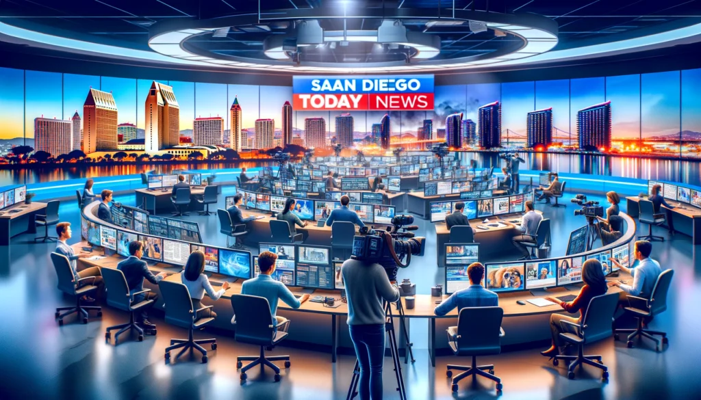 Vibrant newsroom with journalists, cityscape of San Diego in the background.