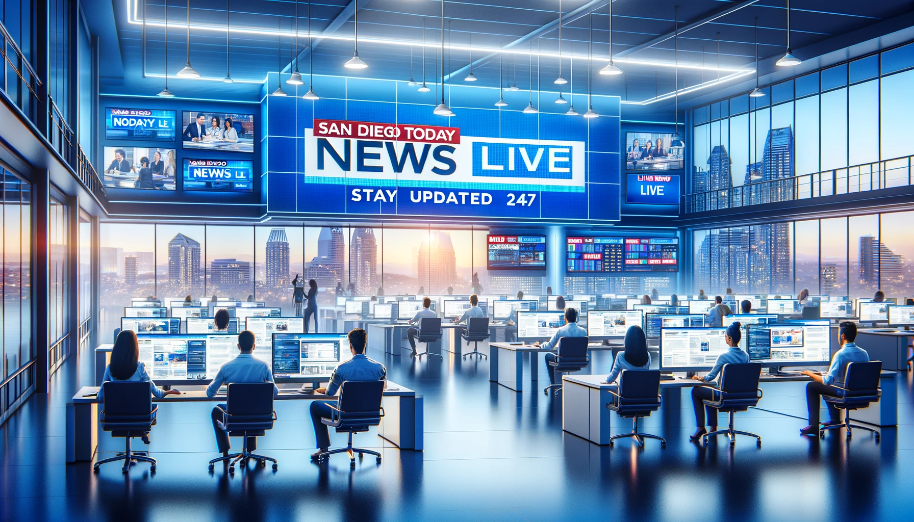 Modern newsroom with journalists and live news screens.