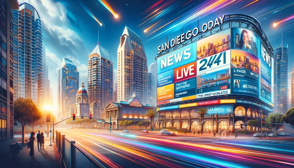 San Diego cityscape with digital billboards showing live news.