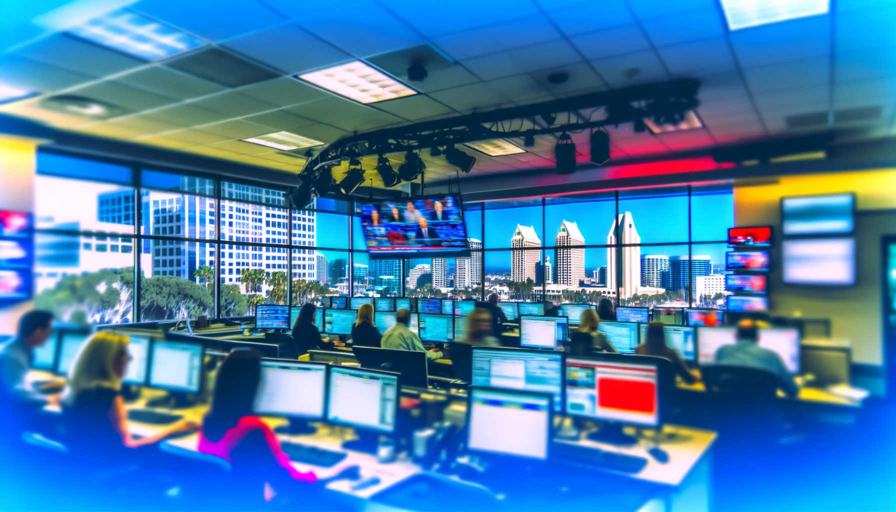 Journalists in a busy newsroom with real-time news updates and a San Diego cityscape.