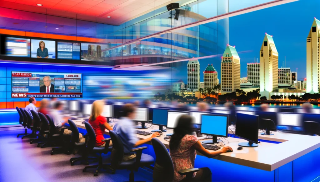 Active newsroom with journalists, live news screens, and San Diego city view.