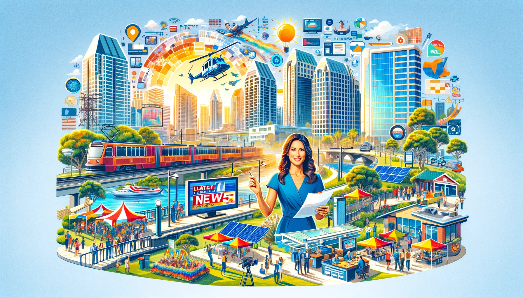 A vibrant collage depicting various aspects of the latest San Diego news, including the city skyline, a news anchor, a community festival, public transportation, a tech office, and a green park with solar panels.