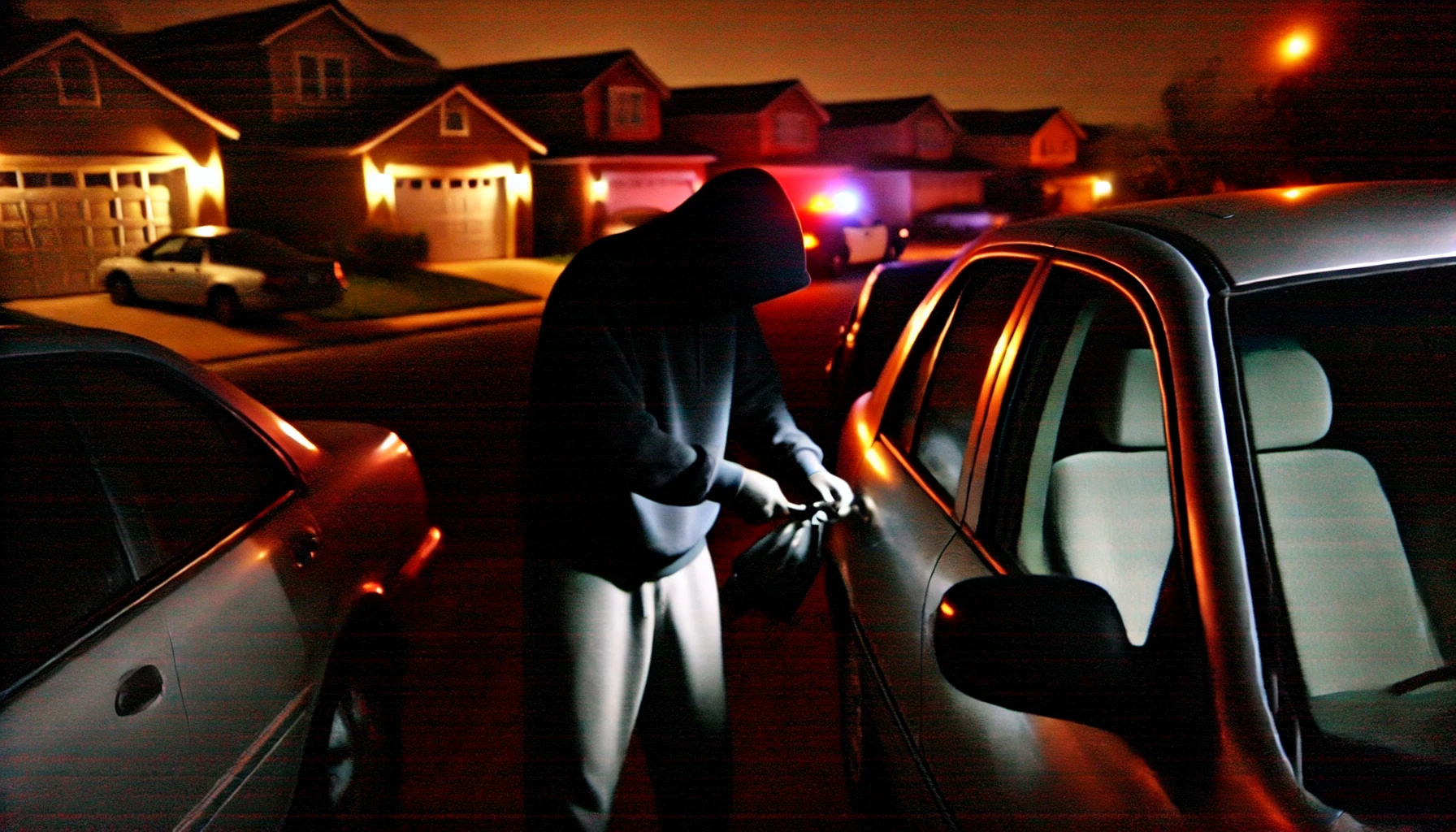 A nighttime scene in a San Diego neighborhood with a thief in dark clothes breaking into a car; police lights are visible in the distance.