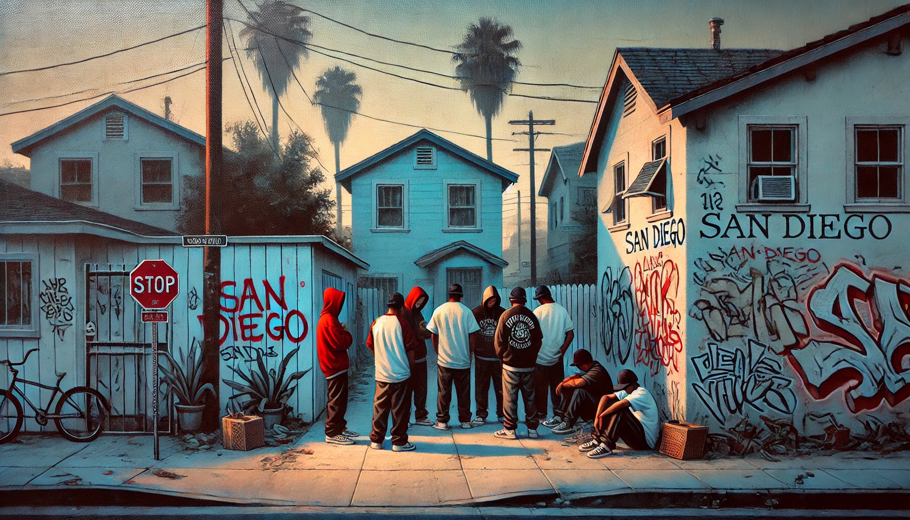 "San Diego neighborhood with visible gang activity: graffiti with gang symbols on walls, group of youths wearing similar colors huddled together, palm trees, and typical houses in the background."