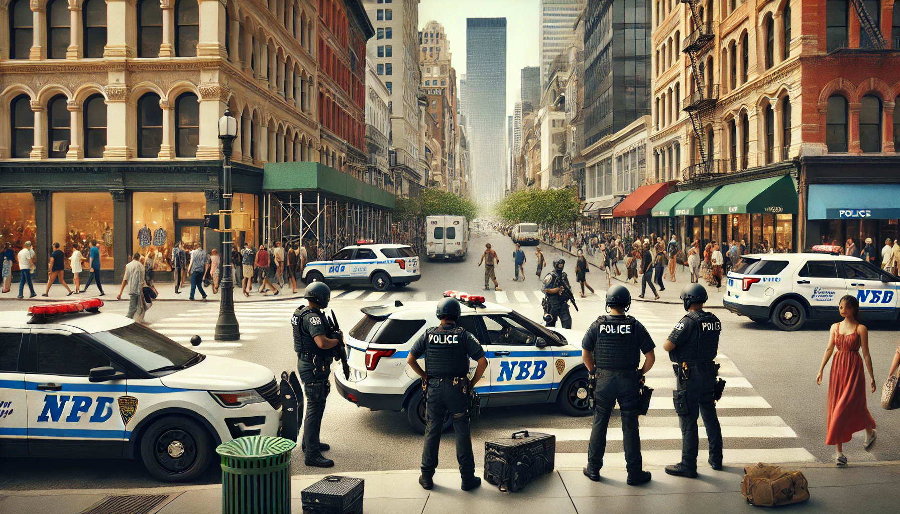 Increased police presence on an urban street with officers patrolling, patrol cars, city buildings, and pedestrians. The scene reflects heightened security measures due to recent shootings, conveying a serious and vigilant atmosphere.