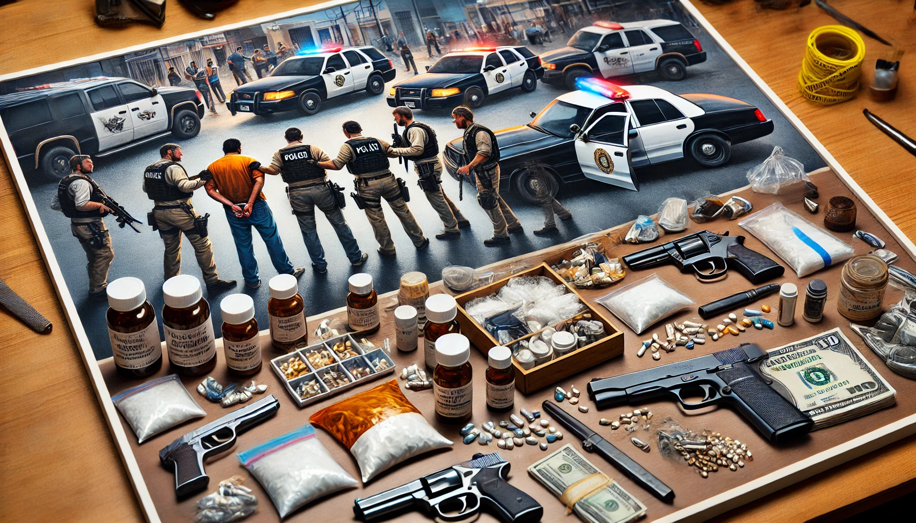 Law enforcement officers arresting individuals in a drug trafficking ring bust in San Diego County, with confiscated drugs and weapons on display.