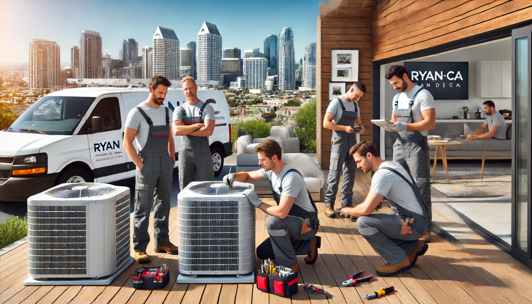 Ryan CA HVAC technicians working on an air conditioning unit outside a modern San Diego home, with the city's skyline in the background. The technicians, in Ryan CA uniforms, are focused and equipped with tools, and a service van with the Ryan CA logo is nearby.