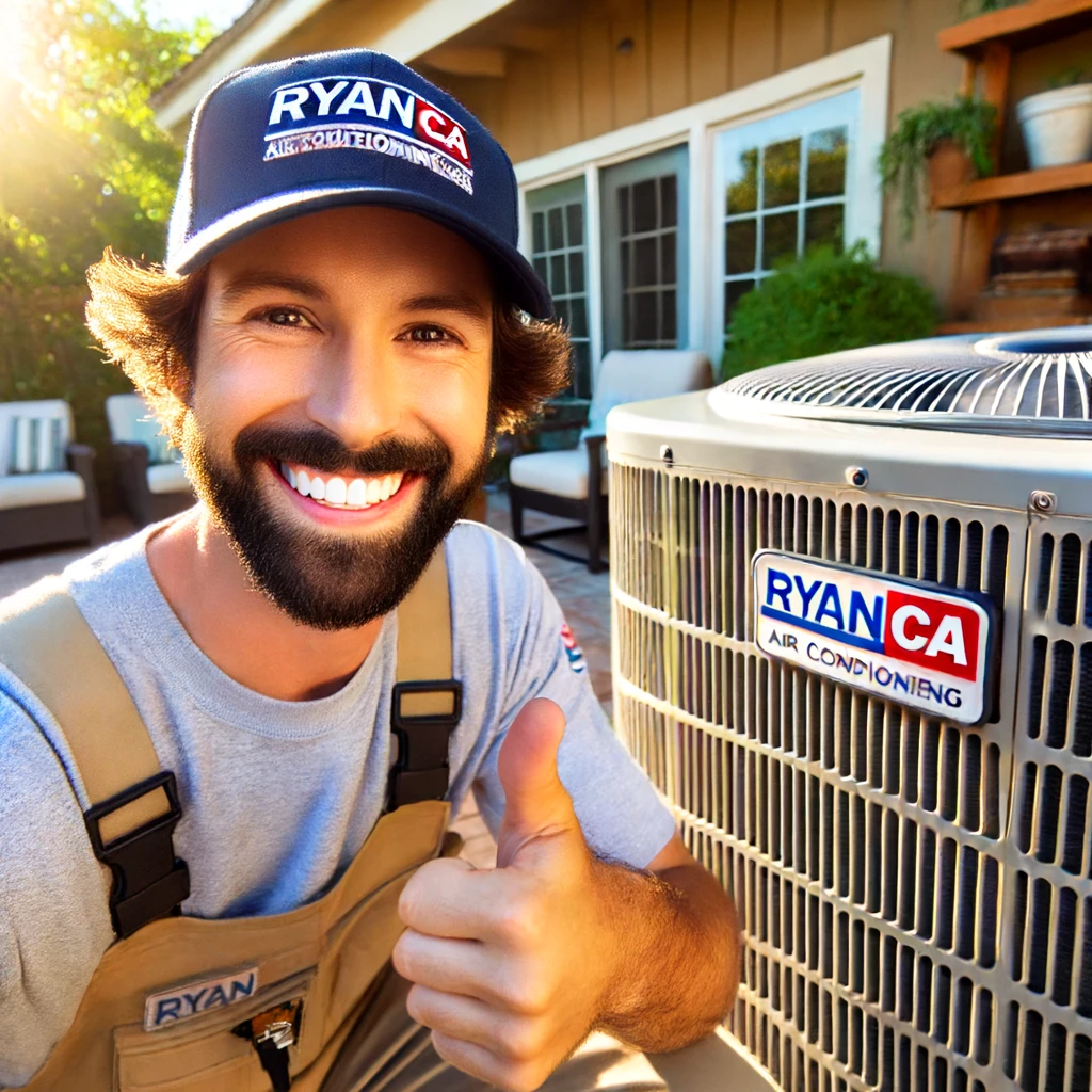 A Ryan CA technician smiling and giving a thumbs-up beside a newly repaired air conditioning unit in a San Diego home’s backyard. The technician is wearing a Ryan CA uniform and cap, with lush plants and patio furniture in the background under bright sunlight.