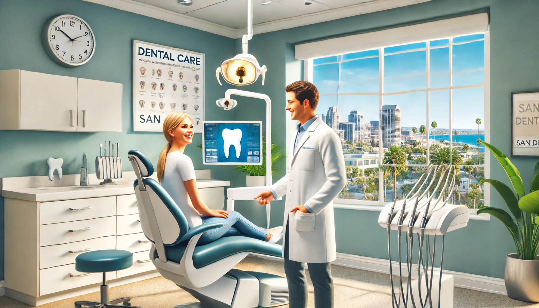 San Diego dental office: modern equipment, friendly dentist, sunny view, and calming atmosphere.