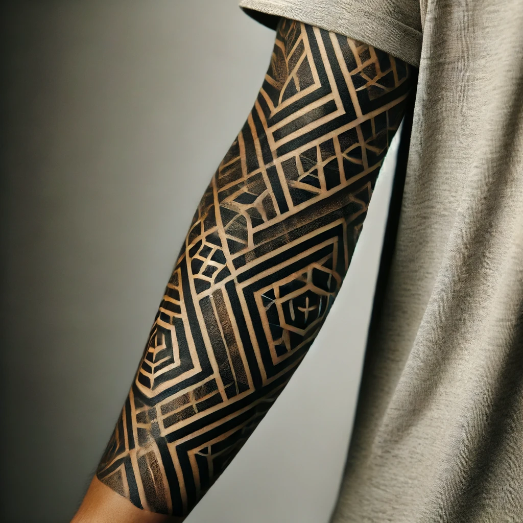 A geometric tattoo half sleeve on the lower arm, featuring black and gray interconnected patterns wrapping elegantly around the arm. The tattoo is shown in natural light, with clean lines and smooth, well-cared-for skin.