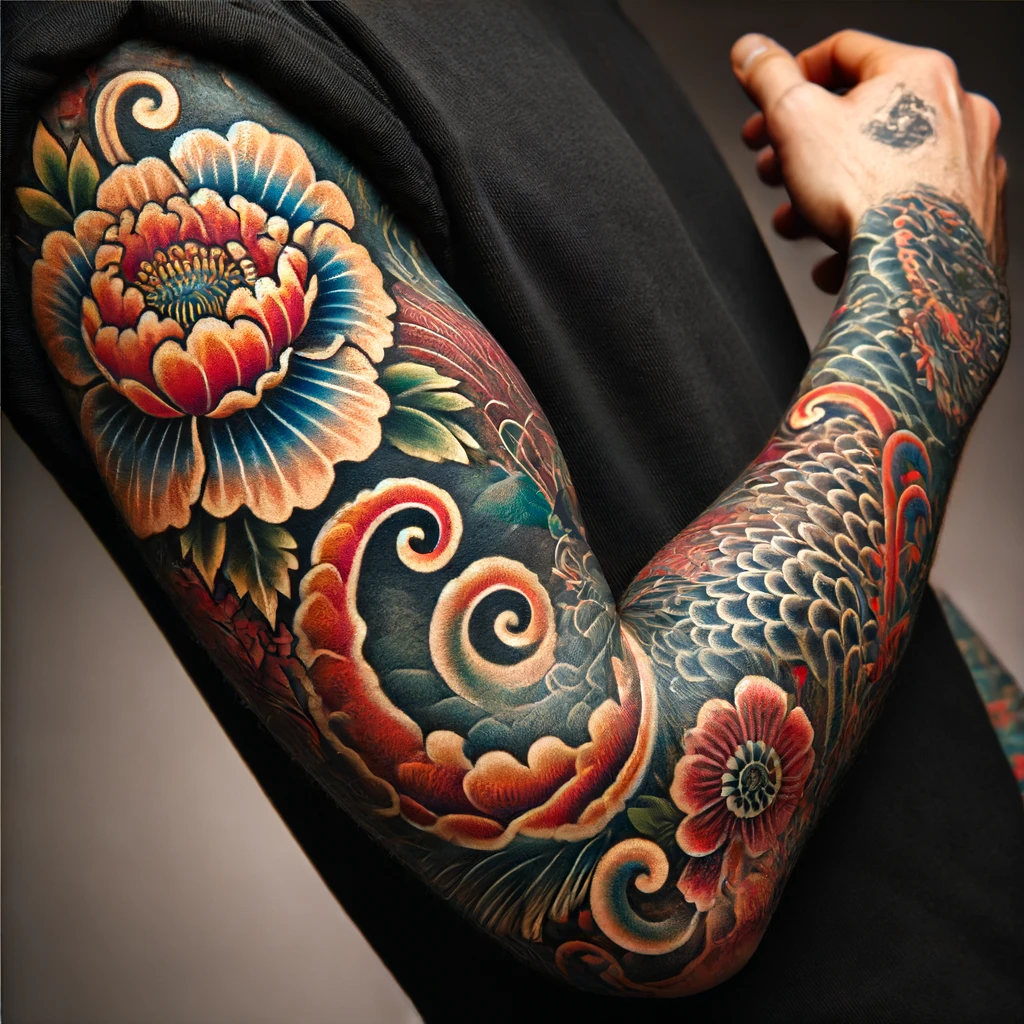 A vibrant floral tattoo half sleeve on the lower arm, featuring detailed, colorful flowers wrapping around the arm. The tattoo is displayed under natural light, with smooth, healthy skin surrounding the artwork.