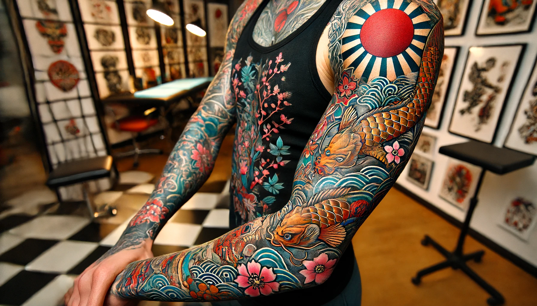 tattoo sleeve featuring a dragon, koi fish, cherry blossoms, and geometric patterns.